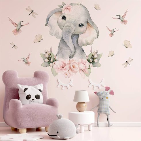 Falmatrica Akvarell Kis elefánt virágok és madarak között