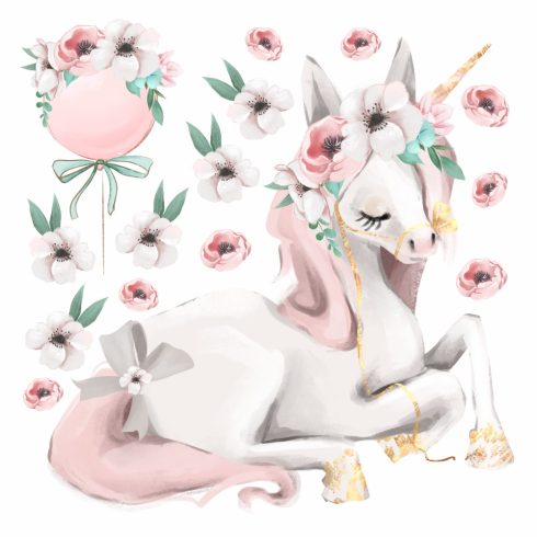 Falmatrica fehér fekvő unikornis rózsaszín virágokkal